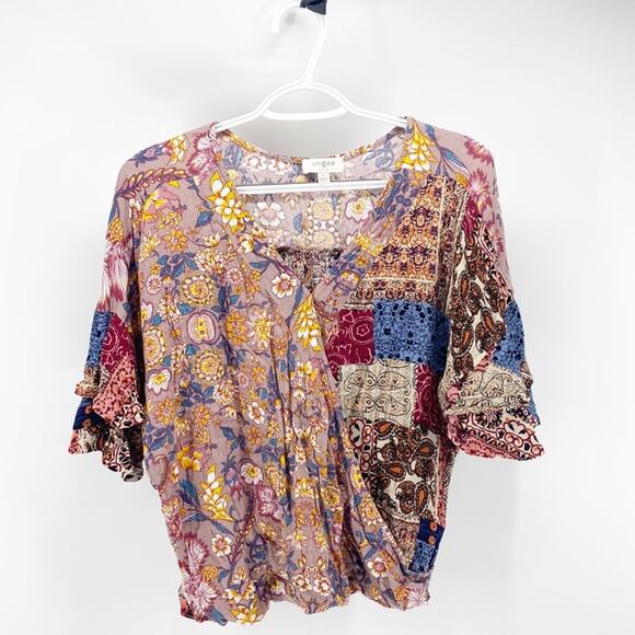 Umgee bohemian faux wrap flutter sleeve hippy cropped mixed media top size L - Picture 1 of 5